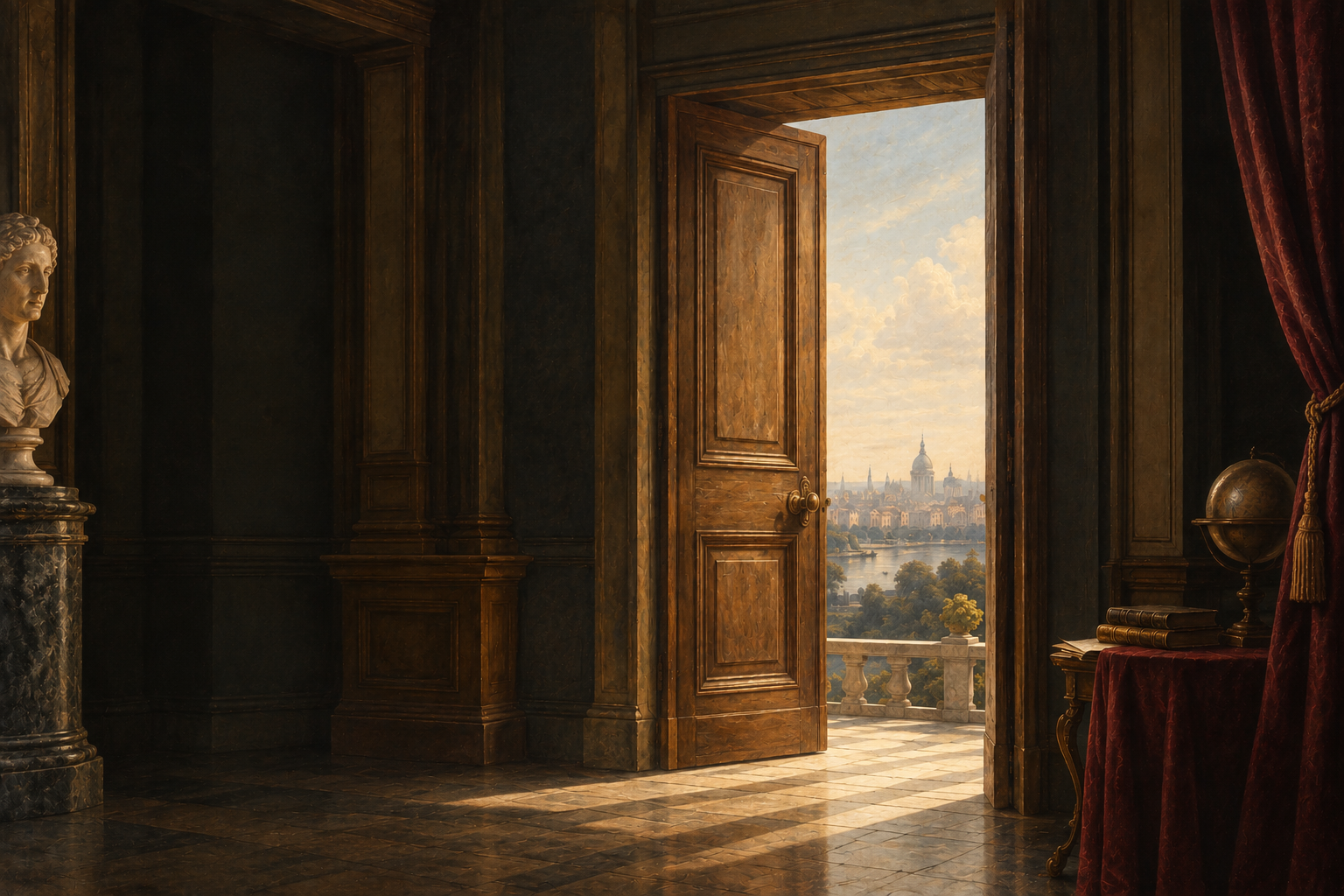 Open doorway overlooking a distant landscape